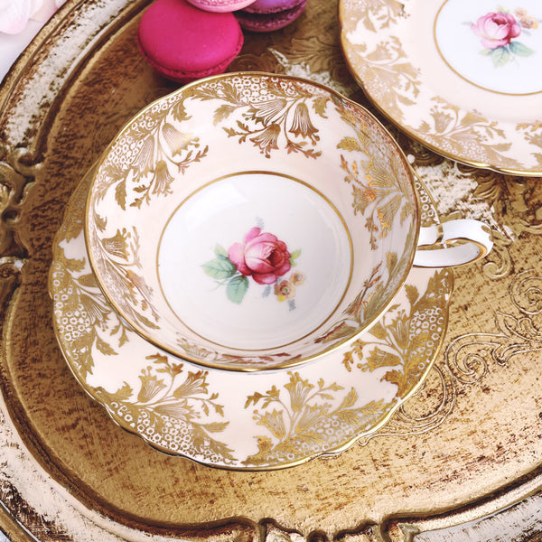 Paragon double warrant peach-pink cabinet cup trio with cabbage rose design