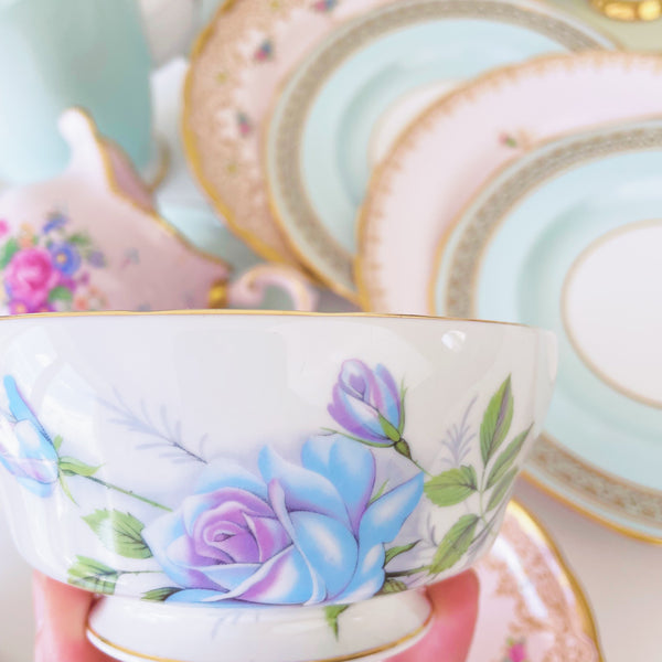 Pink and aqua blue/green mismatch tea set for four including teapot/coffee pot