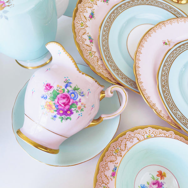 Pink and aqua blue/green mismatch tea set for four including teapot/coffee pot