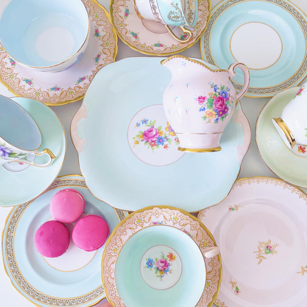 Pink and aqua blue/green mismatch tea set for four including teapot/coffee pot