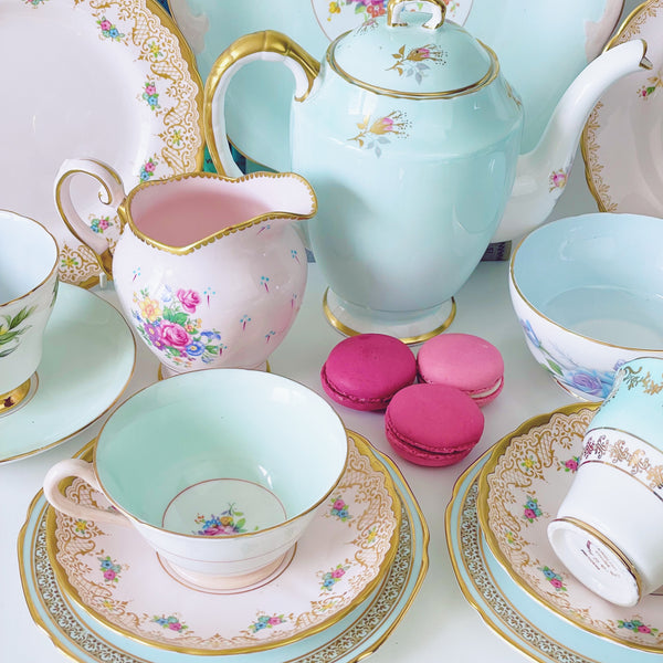 Pink and aqua blue/green mismatch tea set for four including teapot/coffee pot