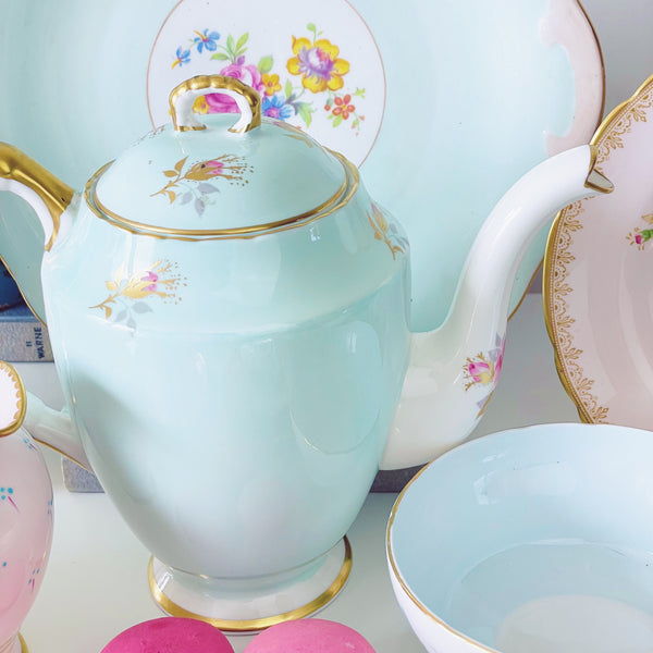 Pink and aqua blue/green mismatch tea set for four including teapot/coffee pot