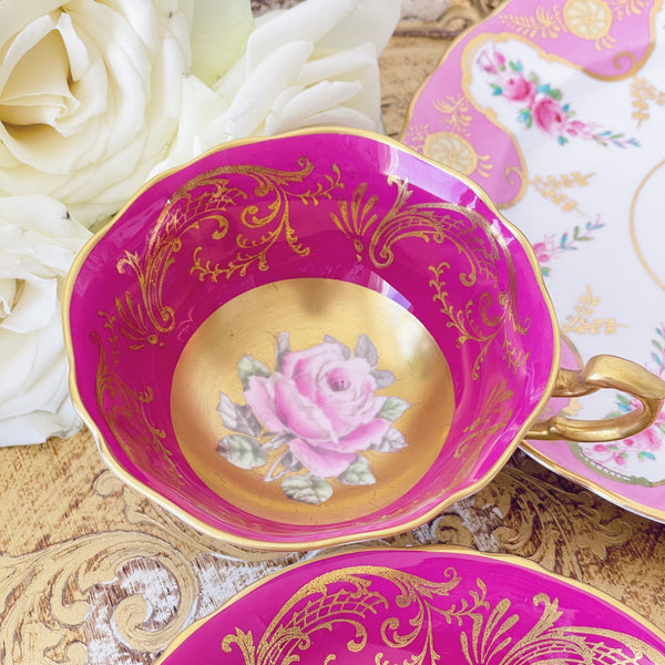 Paragon cabinet cup and saucer duo, cerise pink with floating gold cabbage rose