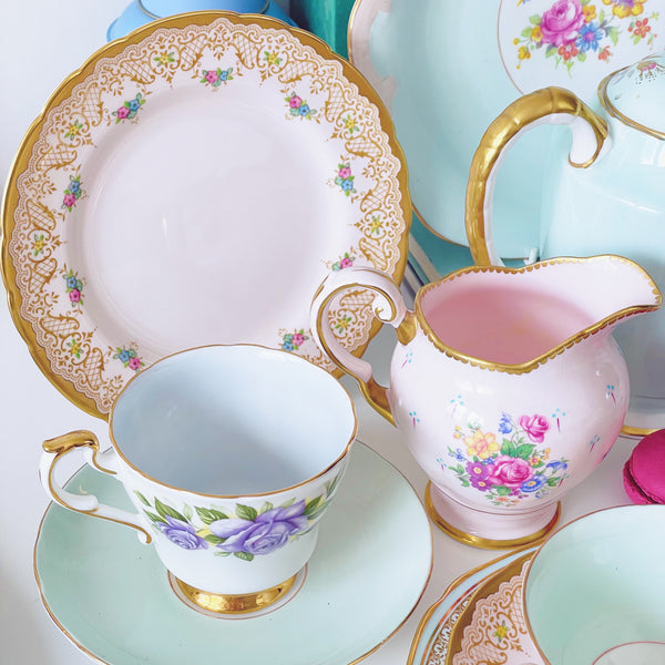 Pink and aqua blue/green mismatch tea set for four including teapot/coffee pot