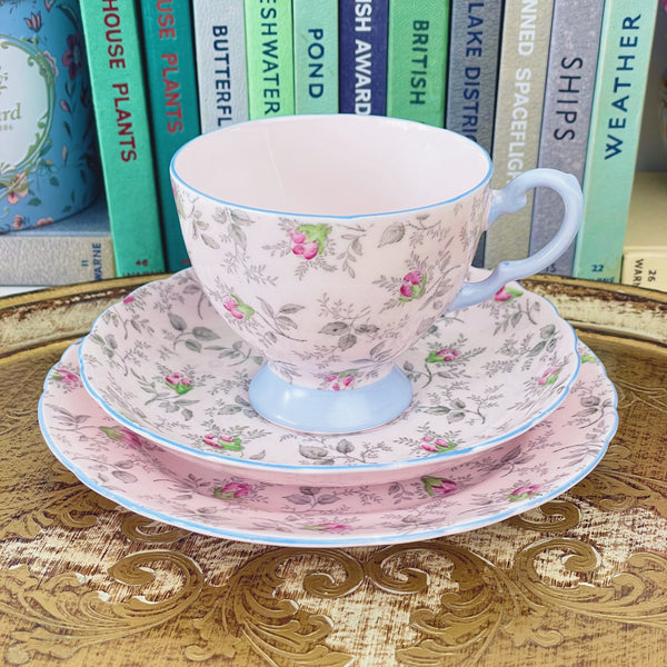Vintage pink Tuscan rosebud tea set items, blue rim