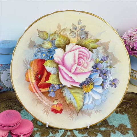 Vintage Aynsley J A Bailey handpainted cabbage rose plate, 23cm