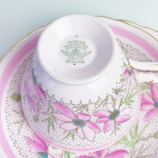 Vintage pink Tuscan teacup trio set, handpainted daisies, enamelled turquoise