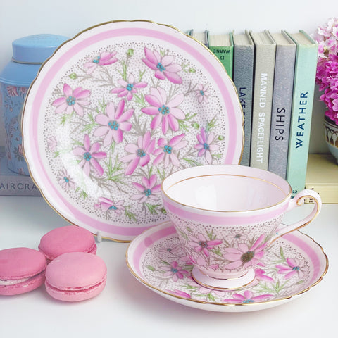 Vintage pink Tuscan teacup trio set, handpainted daisies, enamelled turquoise